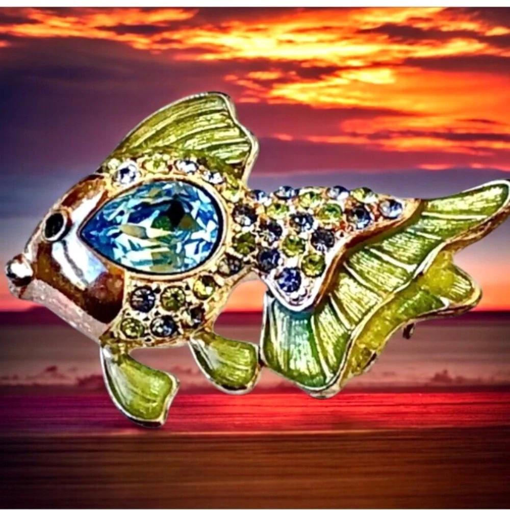Monet Vintage FISH Brooch Enamel & Rhinestones